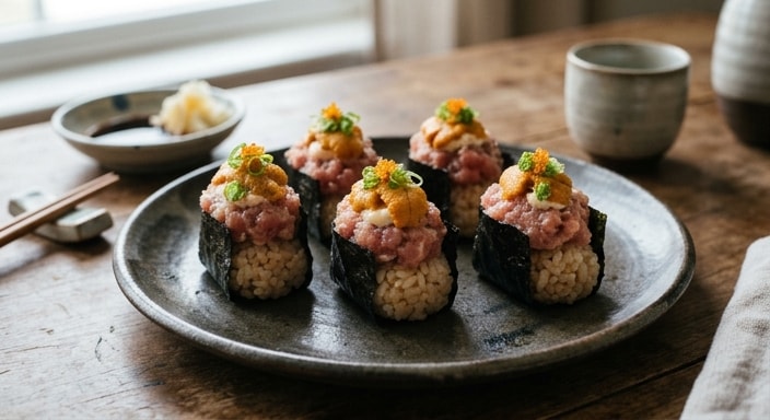 Hand-Cut Sushi Bites with Minced Tuna, Sea Urchin, and Scallion