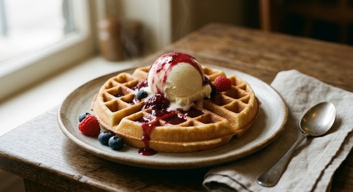 Waffle with Vanilla Ice Cream and Berry Sauce