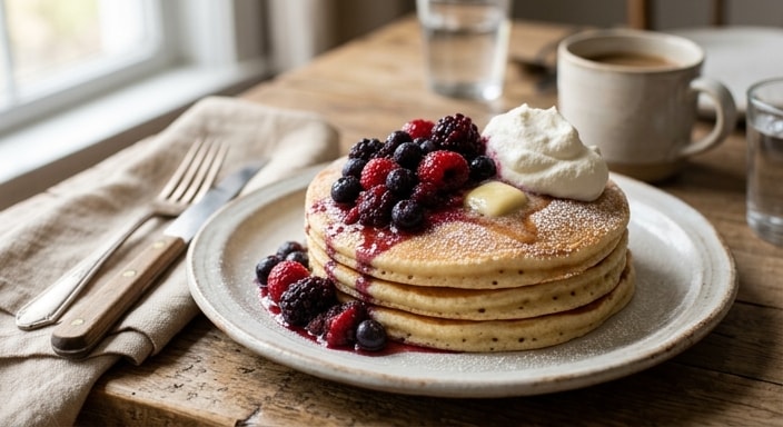 Buttermilk Pancakes with Warm Mixed Berry Compote and Whipped Cream