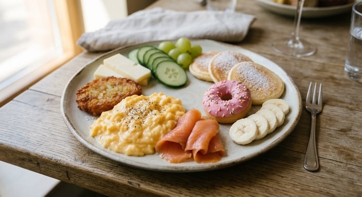 Brunch Plate with Smoked Salmon, Soft Scrambled Eggs, Mini Donut, and Mini Pancakes
