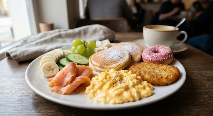 Composed Breakfast Plate with Smoked Salmon, Soft Eggs, Mini Pancakes, and Pink-Glazed Donut