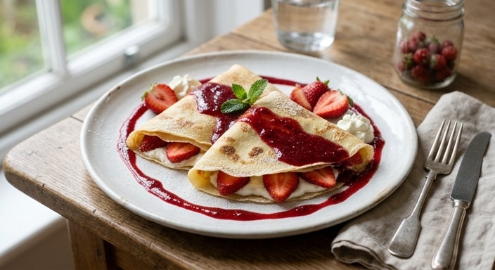Strawberry Crêpes with Berry Sauce, Whipped Cream, and Powdered Sugar