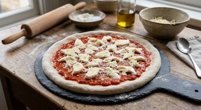 Classic Unbaked Cheese Pizza with Tomato Sauce and Mozzarella