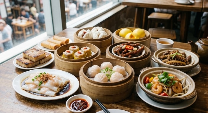 Grand Dim Sum Banquet with Rice Noodle Rolls, Dumplings, Buns, Chicken Feet, Tripe, and Salted Egg Custard Buns
