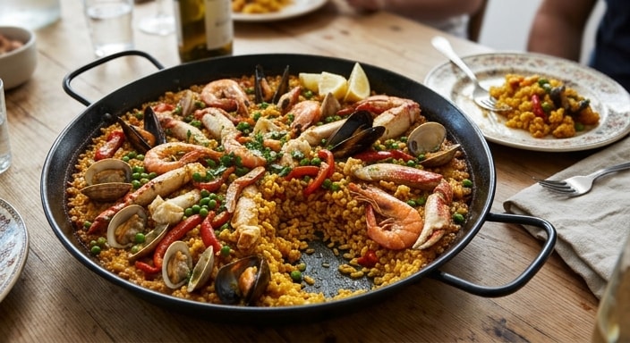 Seafood Paella with Shrimp, Mussels, Clams, Crab, and Peas