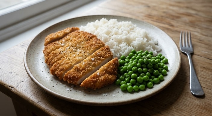 Breaded Chicken Cutlet with White Rice and Buttered Peas