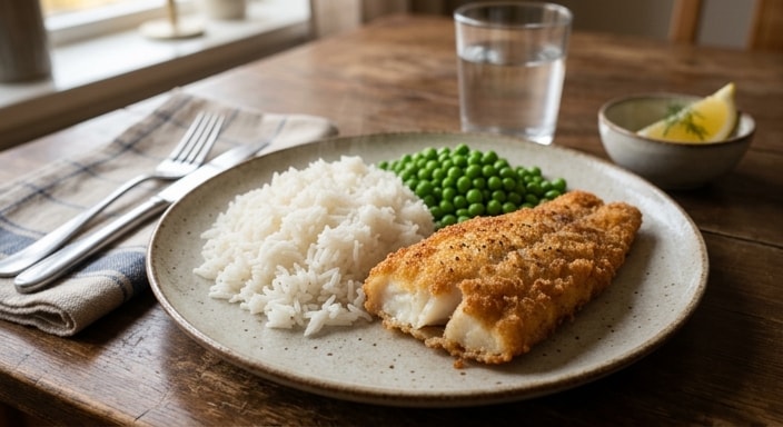 Panerad stekt fisk med vitt ris och gröna ärtor