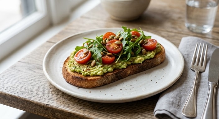 Avocado Toast with Arugula, Cherry Tomatoes, and Toasted Pumpkin Seeds