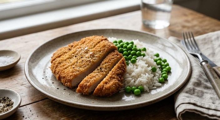 Breaded Pork Cutlet with Steamed White Rice and Butterless Peas