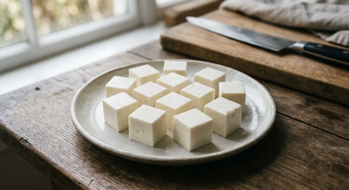 White Cheese Cubes with Clean Sliced Edges