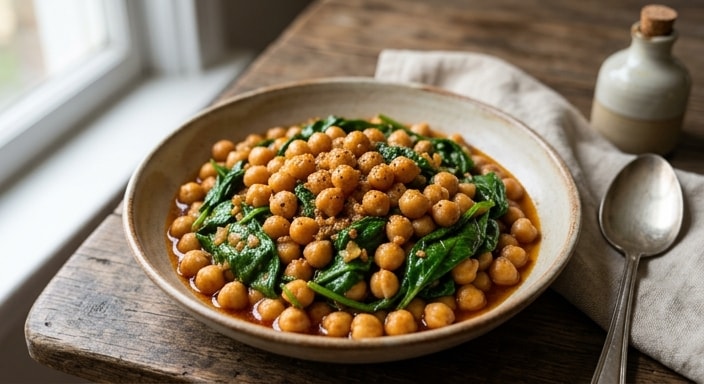 Warm Chickpea and Spinach Bowl with Garlic, Paprika, and Cumin
