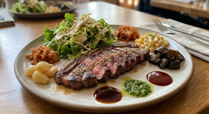 Korean BBQ Marbled Beef with Banchan and Green Leaf Salad