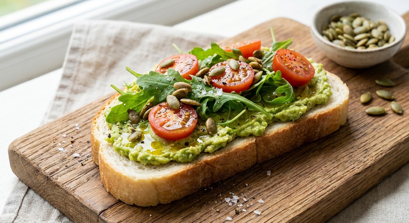 Avocado Toast with Tomato, Arugula, and Pumpkin Seeds