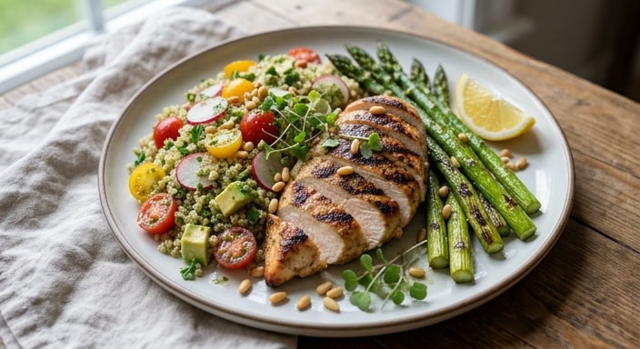 Grilled Chicken Breast with Quinoa, Asparagus, Basil Pesto, and Lemon