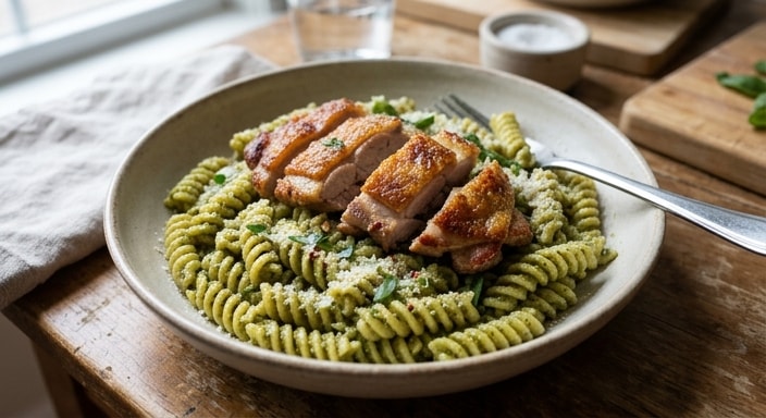 Rotini with Basil Pesto and Crisp Roast Chicken Thigh