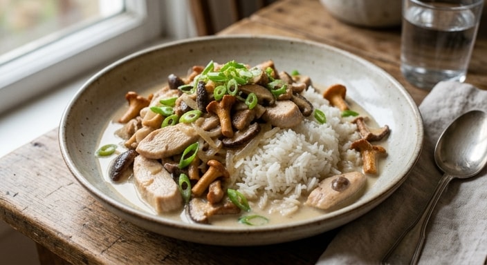 Chicken and Wild Mushrooms in Light Cream Sauce with Steamed White Rice