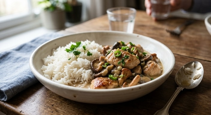Chicken and Wild Mushroom Fricassée with Cream Sauce and Steamed White Rice