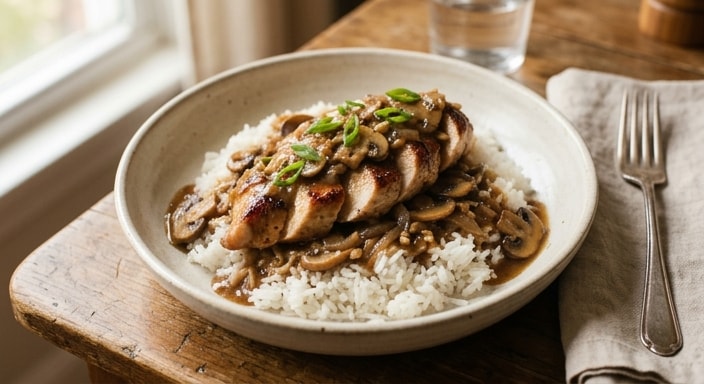 Chicken Supreme with Mushroom Gravy and Steamed White Rice