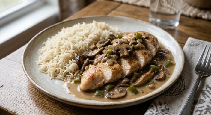 Supreme Chicken with Wild Mushroom Cream, Basmati Rice, and Green Pepper