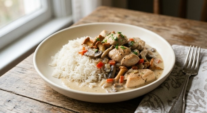 Chicken and Wild Mushroom Velouté with Basmati Rice