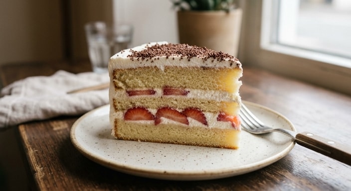 Vanilla Layer Cake with Strawberry, Whipped Cream, and Chocolate Sprinkles