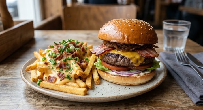 The Grand Cheeseburger with Bacon, Caramelized Onion, and Loaded Cheese Fries