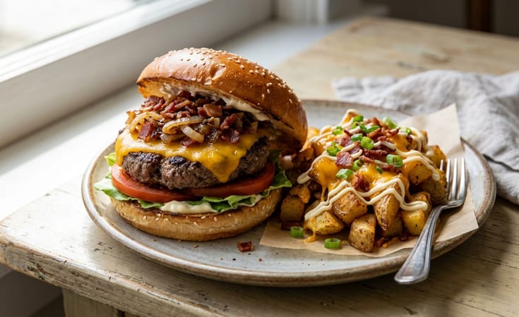 Bacon Onion Cheeseburger with Loaded Cheddar Fries