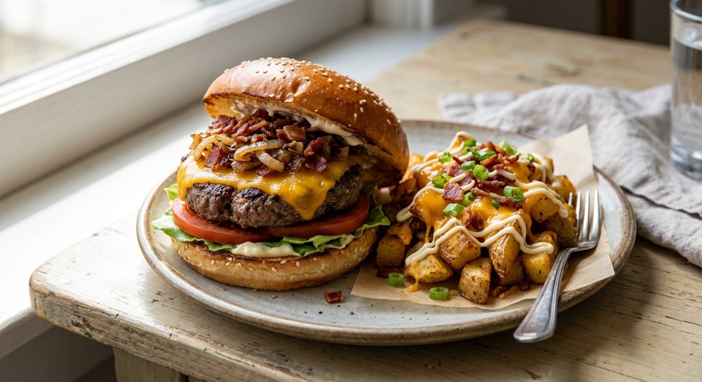 Bacon Onion Cheeseburger with Loaded Cheddar Fries