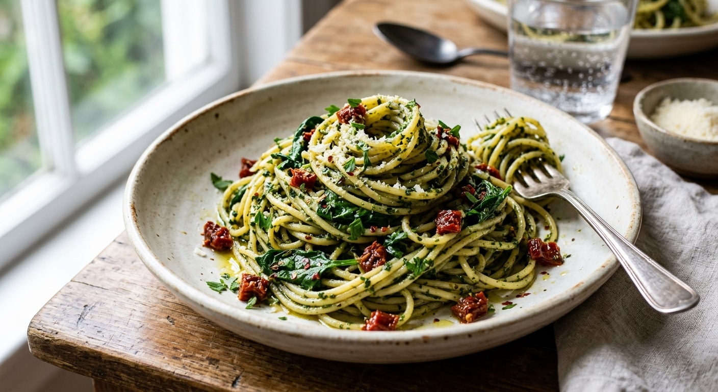 Spaghetti with Spinach, Parsley, and Sun-Dried Tomato Pesto