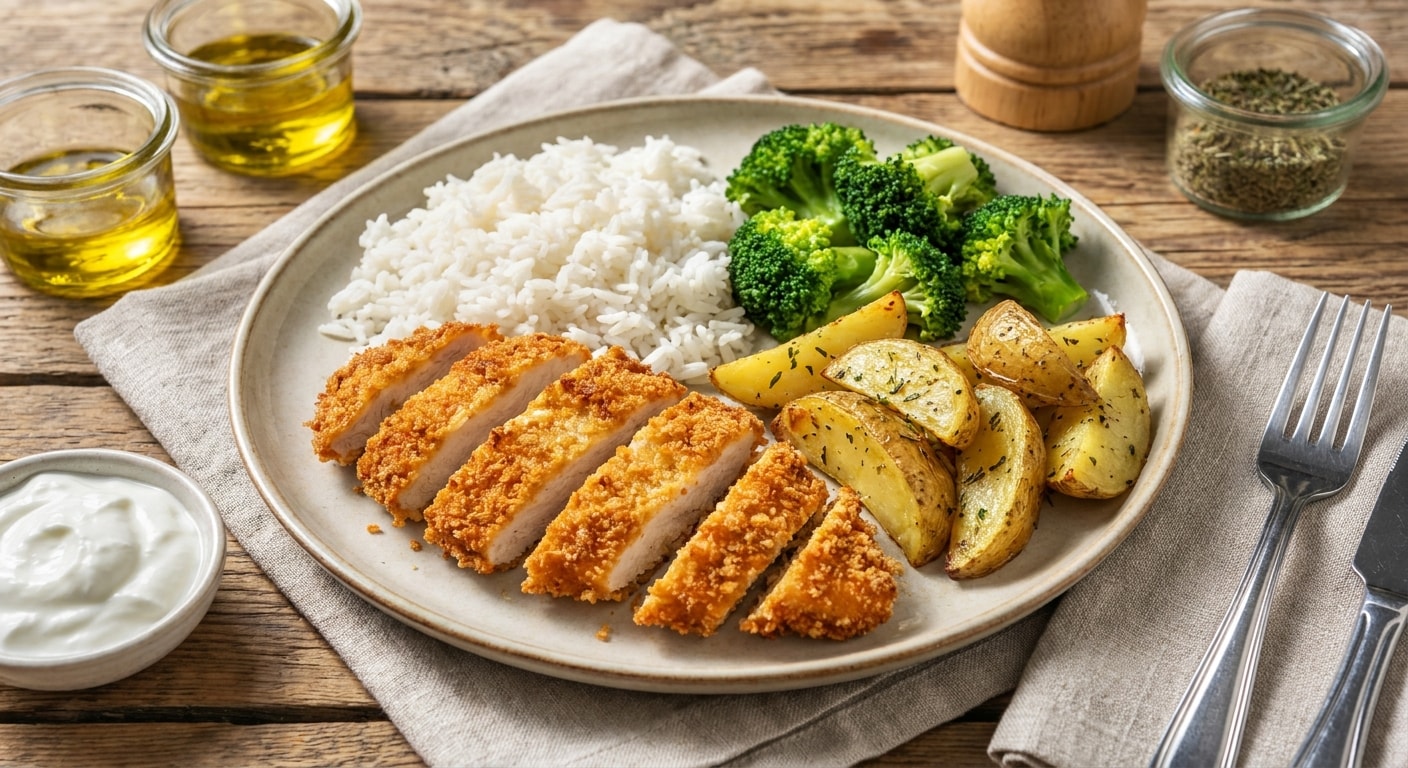 Breaded Chicken with Rice, Broccoli, and Roasted Potatoes