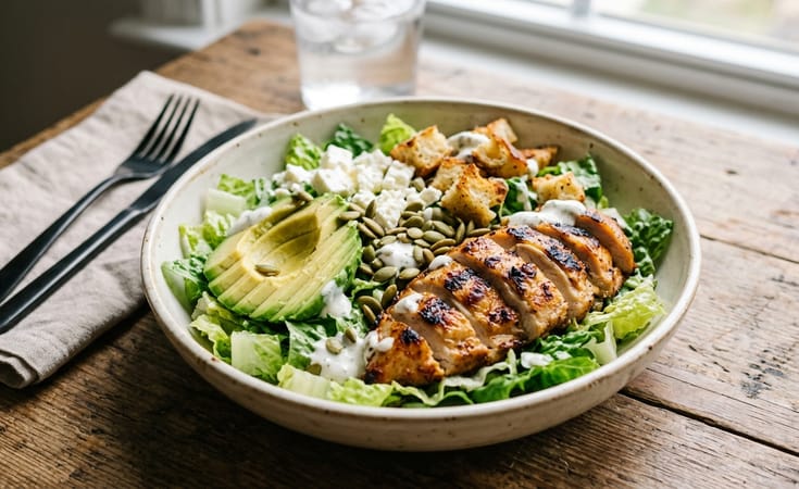 Charred Chicken Salad Bowl with Avocado, Feta, Yogurt Dressing, Croutons, and Pumpkin Seeds