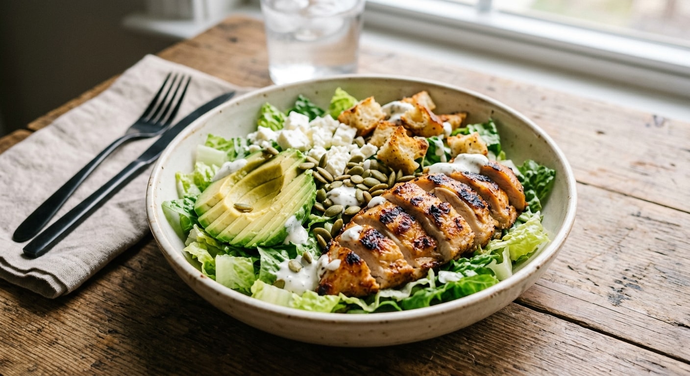 Charred Chicken Salad Bowl with Avocado, Feta, Yogurt Dressing, Croutons, and Pumpkin Seeds