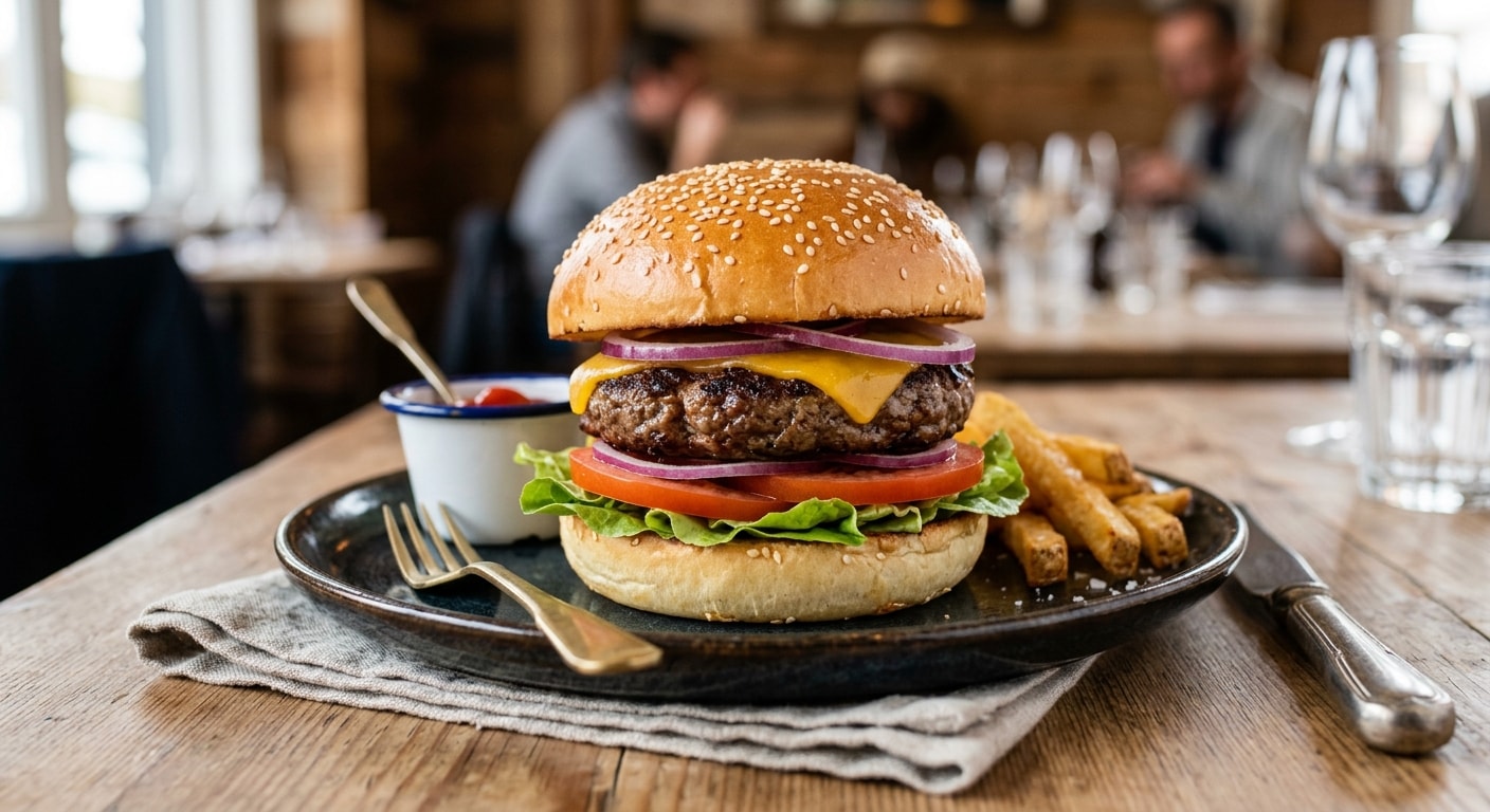Classic Hamburger with Crisp Lettuce, Tomato, and Onion