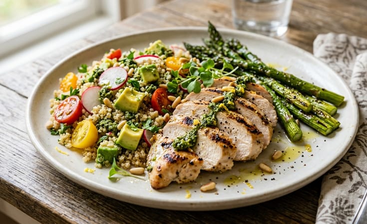 Grilled Chicken Breast with Quinoa, Asparagus, Avocado, and Basil Pesto