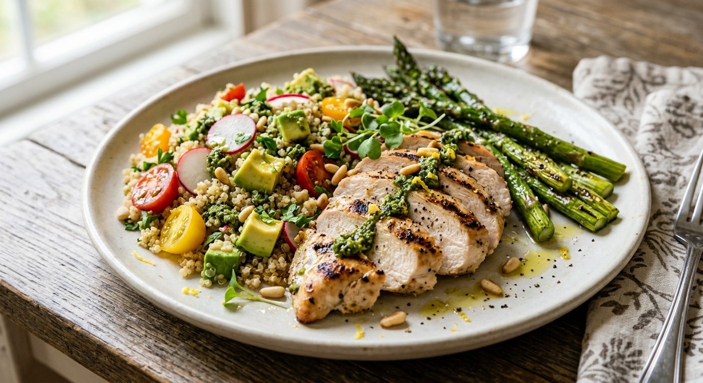 Grilled Chicken Breast with Quinoa, Asparagus, Avocado, and Basil Pesto