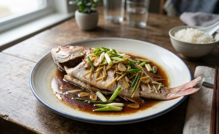 Steamed Red Snapper with Ginger, Garlic, and Scallion Soy Glaze