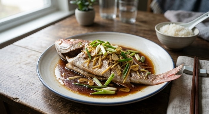 Steamed Red Snapper with Ginger, Garlic, and Scallion Soy Glaze