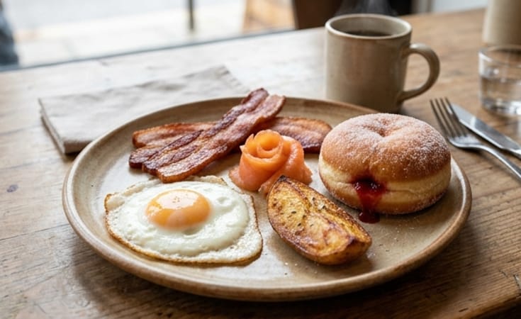 The Morning Plate with Fried Egg, Bacon, Smoked Salmon, Potato Wedge, and Strawberry Jam Doughnut