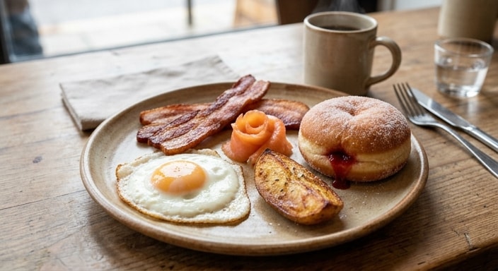 The Morning Plate with Fried Egg, Bacon, Smoked Salmon, Potato Wedge, and Strawberry Jam Doughnut