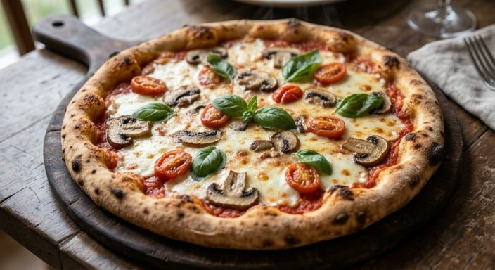 Neapolitan-Style Mushroom, Cherry Tomato, and Mozzarella Pizza