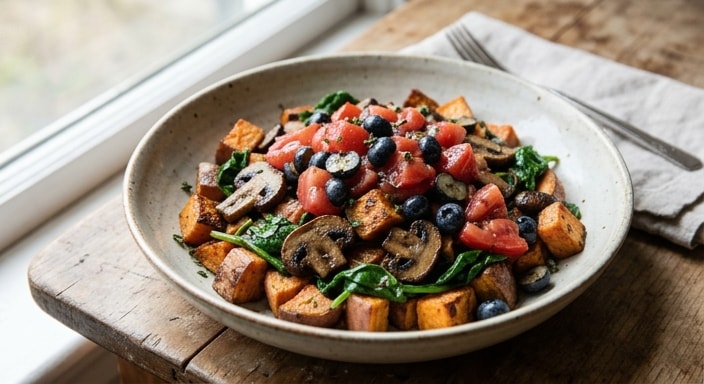 Roasted Sweet Potato, Mushroom, and Spinach Bowl with Tomato-Berry Relish