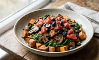 Roasted Sweet Potato, Mushroom, and Spinach Bowl with Tomato-Berry Relish