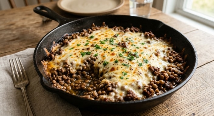 Cheesy Beef and Lentil Skillet