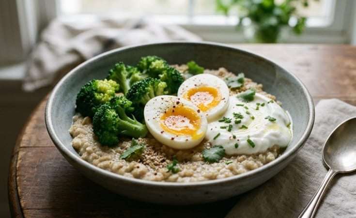 Savory Oat Bowl with Broccoli, Soft Egg, and Yogurt