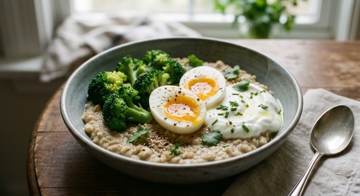 Savory Oat Bowl with Broccoli, Soft Egg, and Yogurt