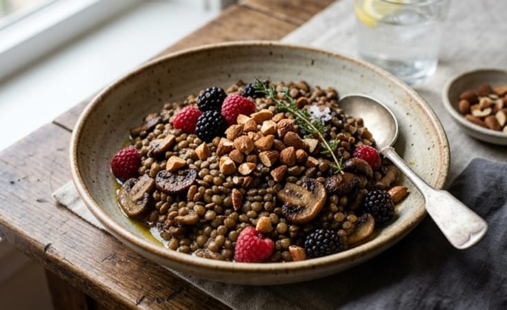 Warm Lentil and Mushroom Bowl with Almond Berry Crunch