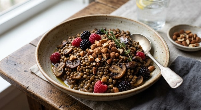 Warm Lentil and Mushroom Bowl with Almond Berry Crunch