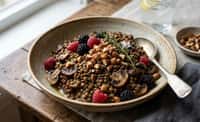 Warm Lentil and Mushroom Bowl with Almond Berry Crunch