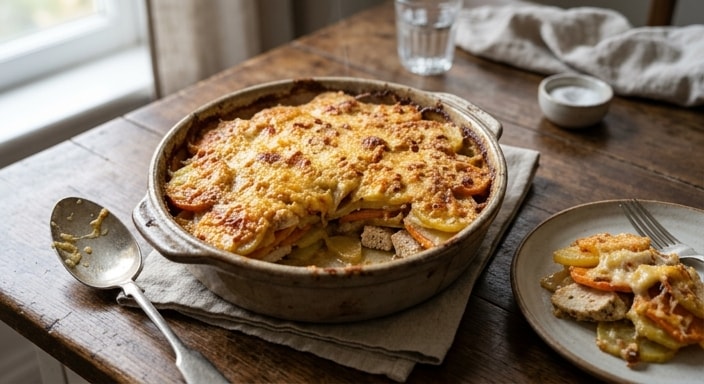 Cheesy Chicken, Sweet Potato and Potato Gratin