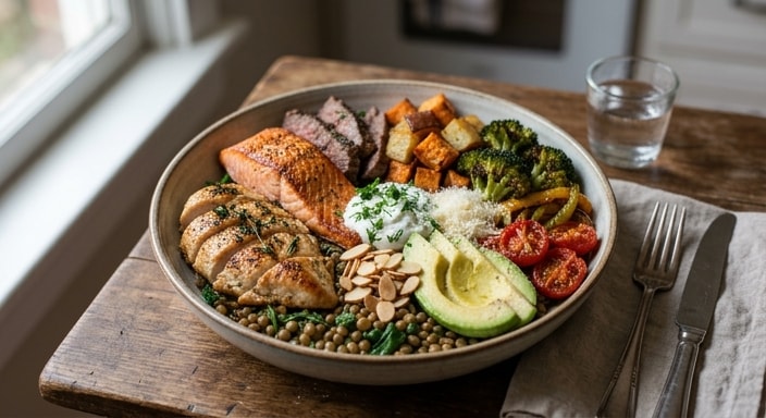 Harvest Bowl with Seared Chicken, Salmon, Lentils, and Roasted Roots